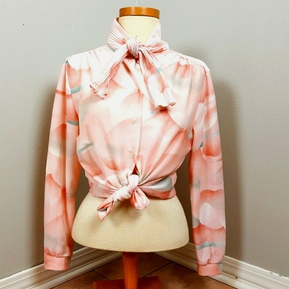 Vintage Tops - watercolor dream cloud scape blouse pussybow slinky boho  transition weight